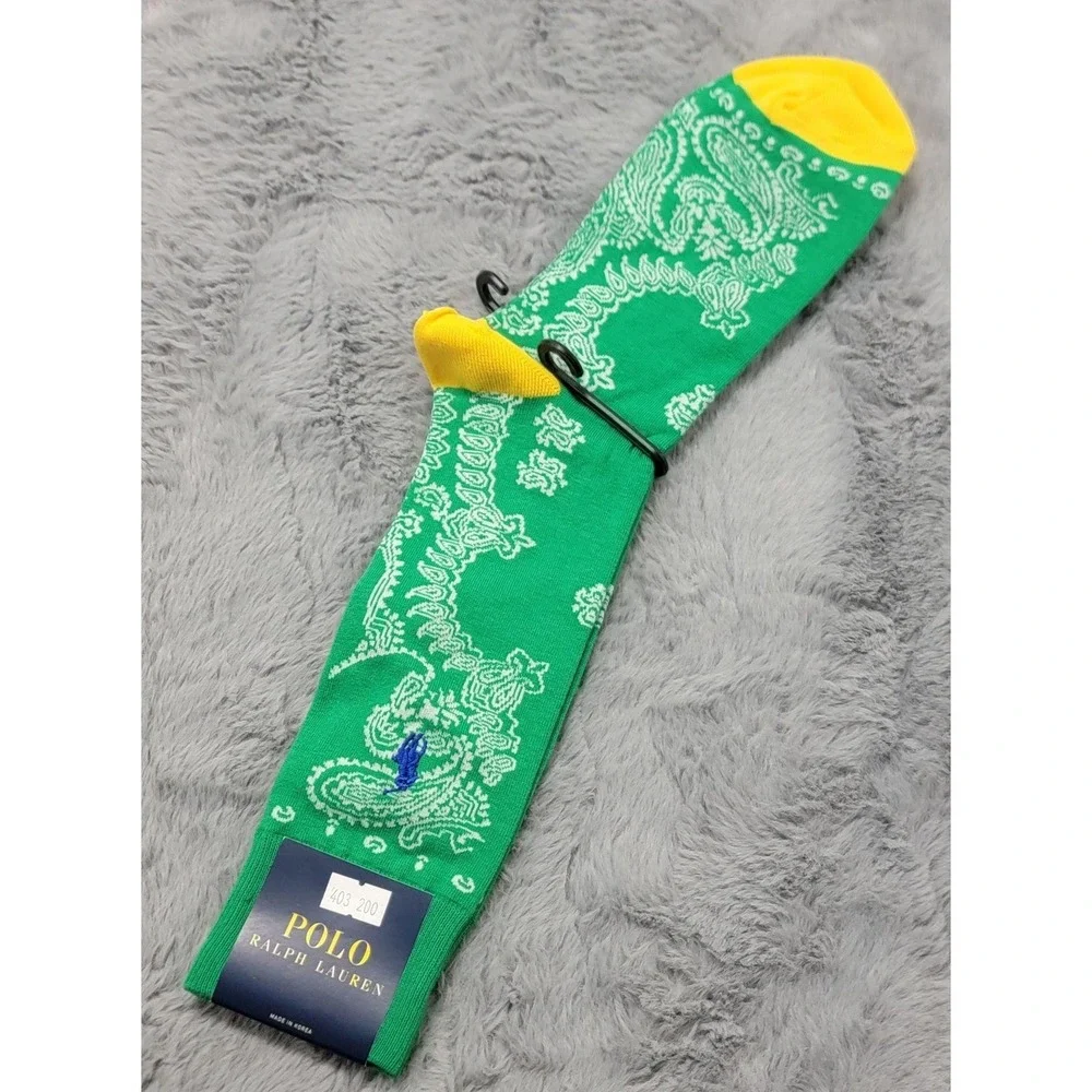 Polo Ralph Lauren Socks Mens 10-13 Green Paisley Pony Embroidered Mid Calf